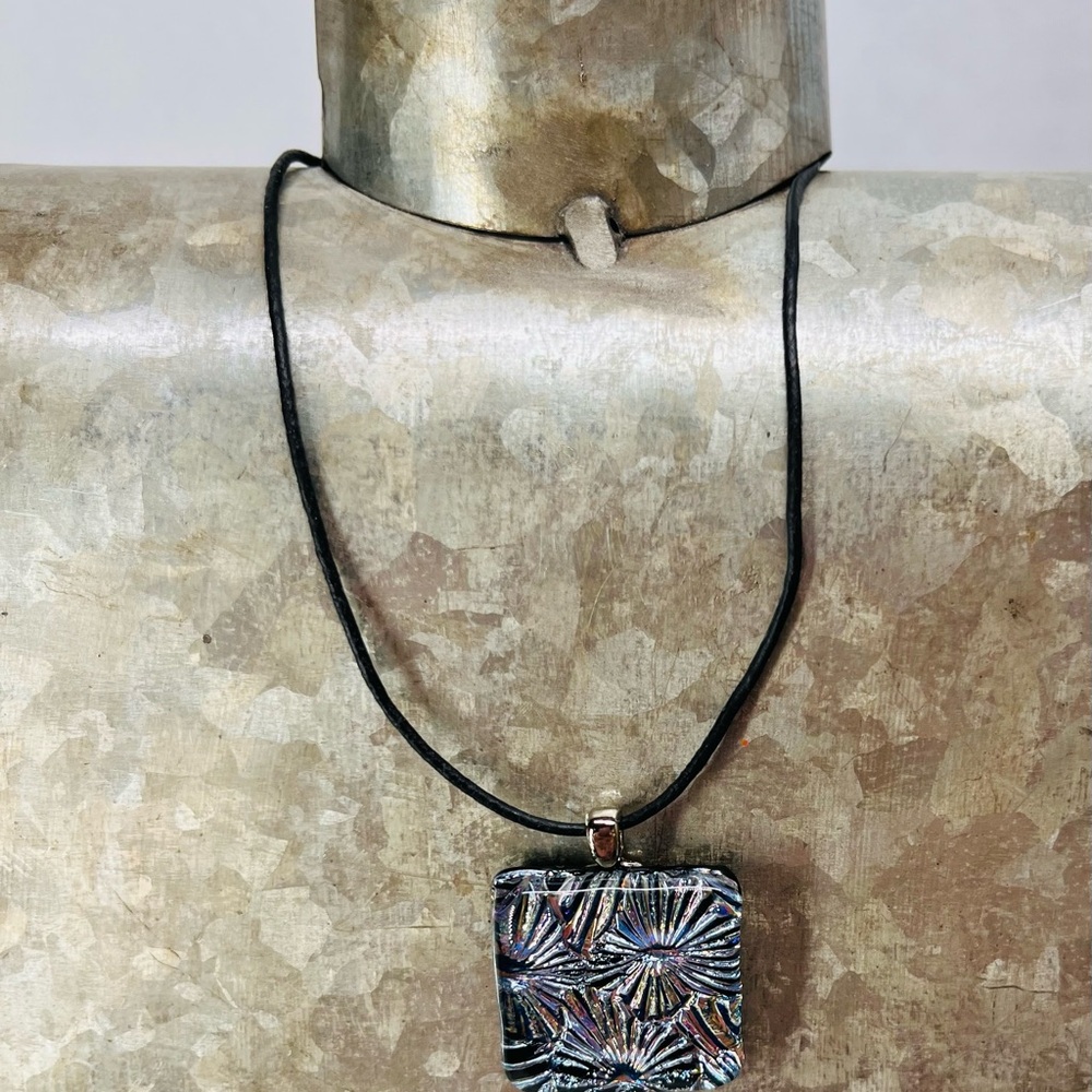 Black Cord Necklace with Iridescent Glass Pendant